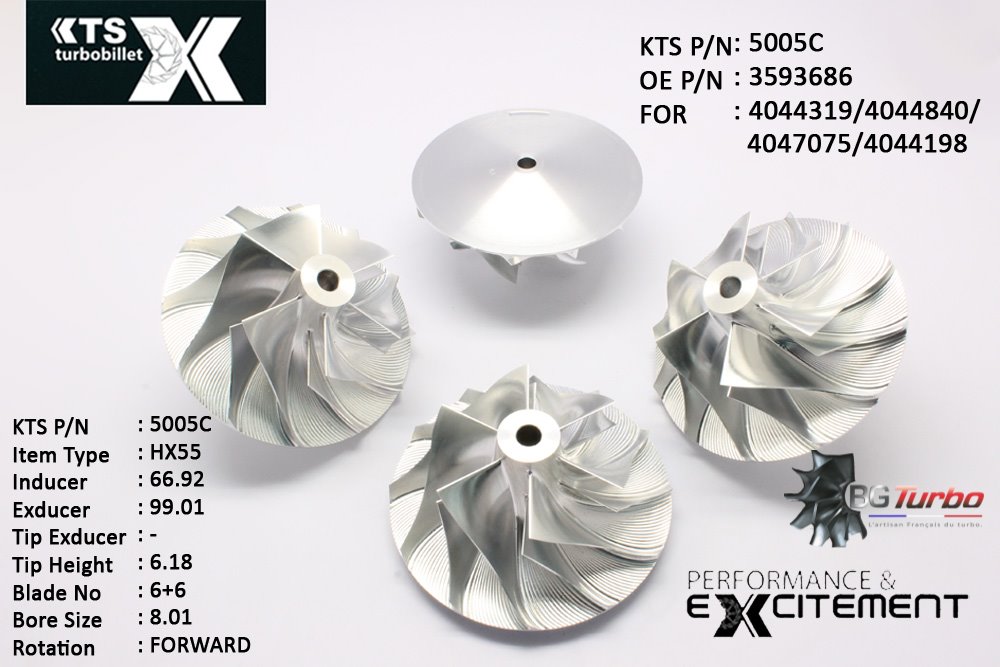 Turbo ROUE FORGÉE MFS PERFORMANCE - 6+6 PALES - INDUCER : 66,92 - EXDUCER : 99,01 - TYPE : HE531VEANGLE : 45° - ROTATION : Forward - SUPER BACK : 6,27 - BORE SIZE : 8,01
